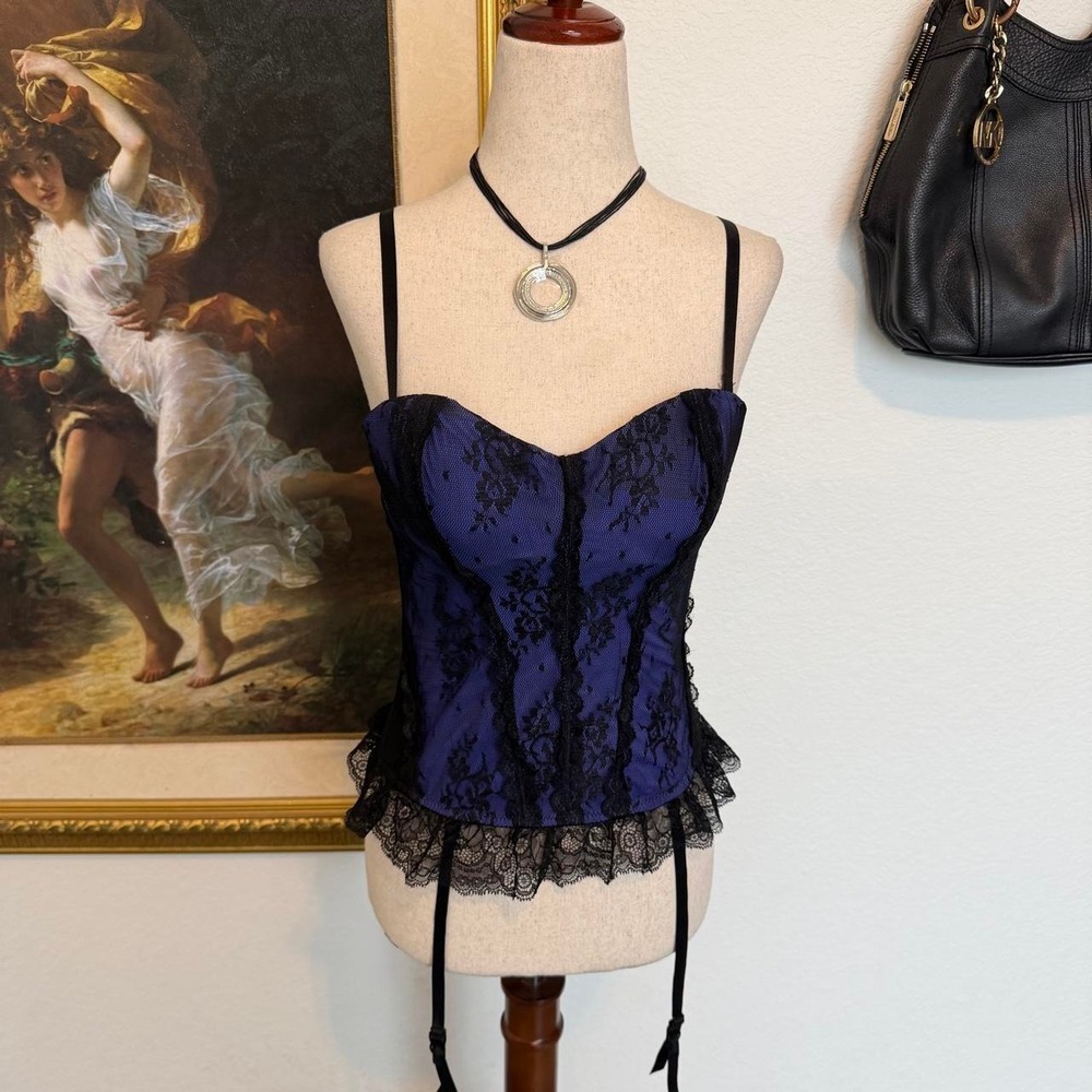 Whimsigoth Blue and Black Lace Corset Top